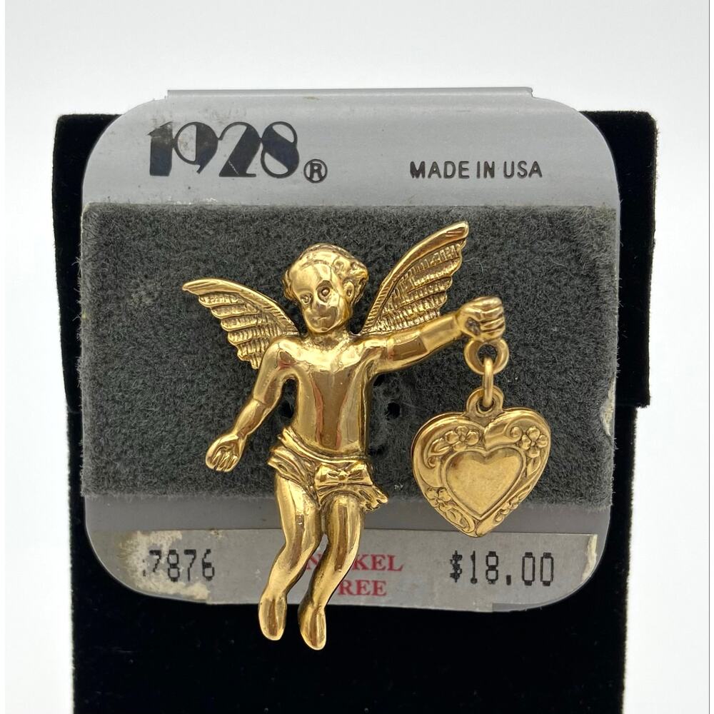 1928 Brand Angel Wings Cherub Brooch Pin Heart Dangle Victorian Style Gold Tone - Picture 9 of 11